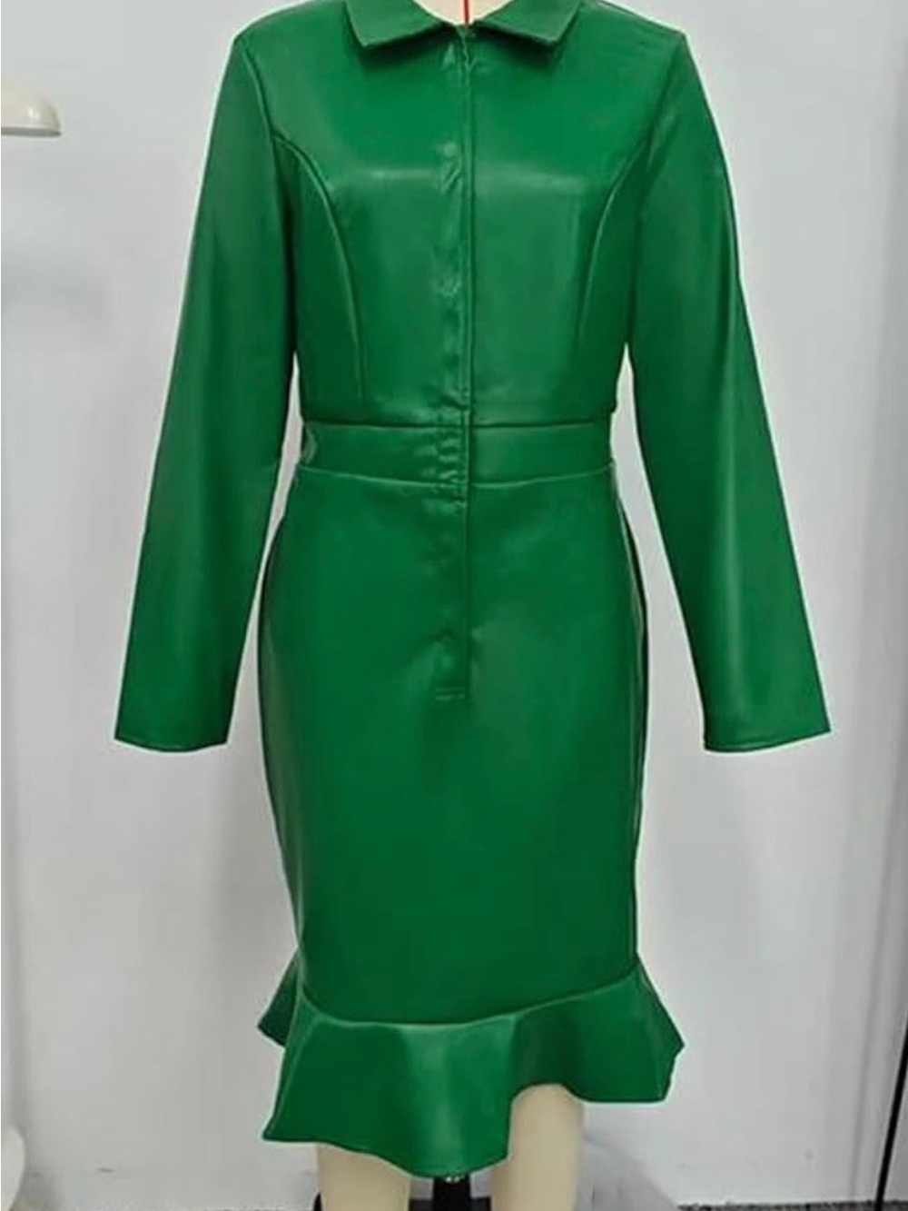 Green Long-Sleeve Ruffle Hem Faux Leather Dress